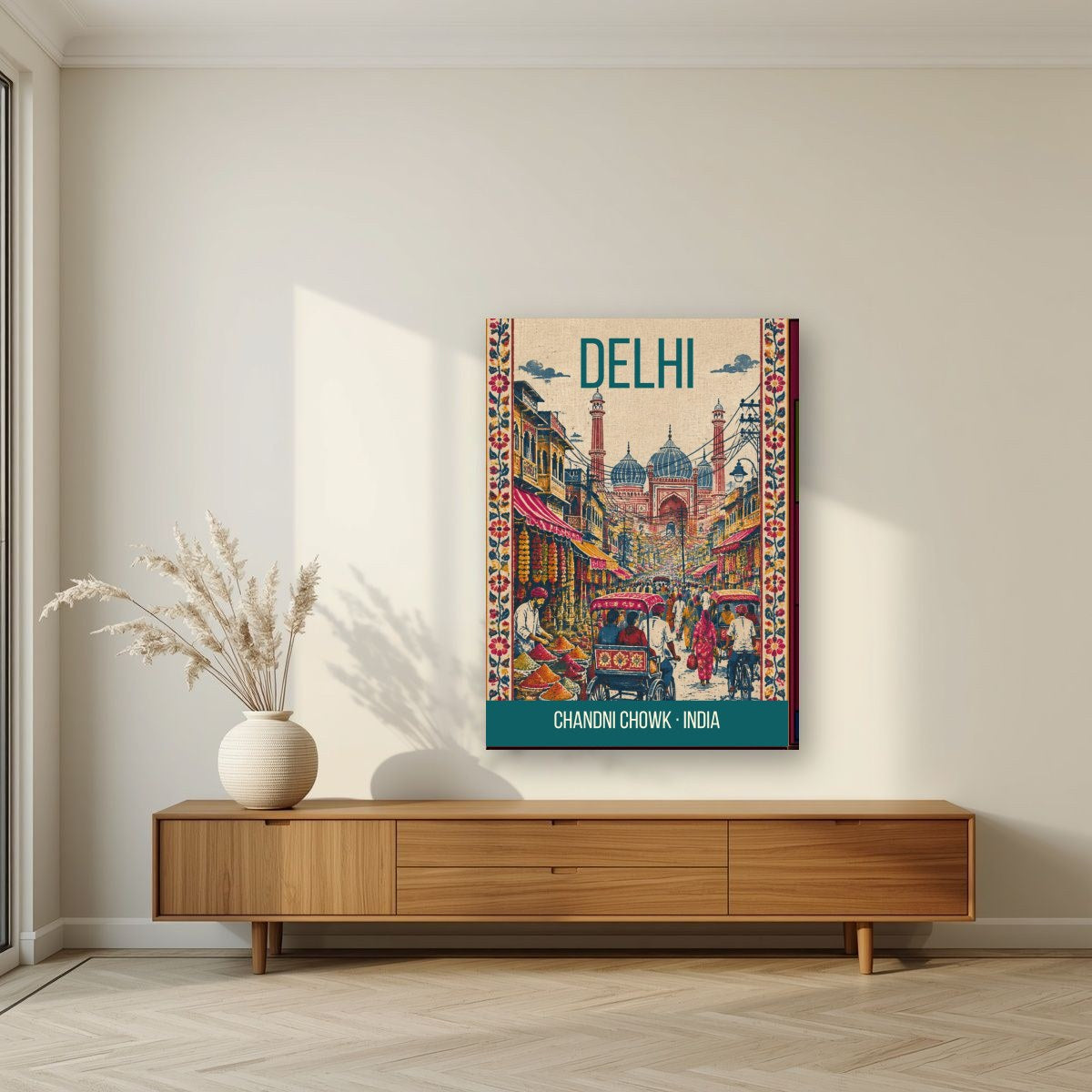 Chandni Chowk Delhi art print on slim canvas in a living room
