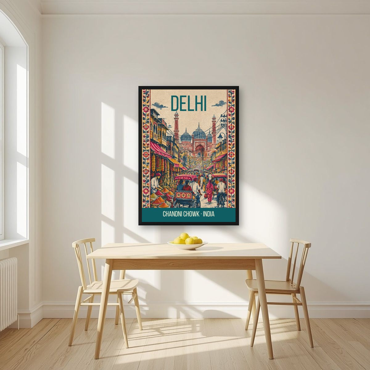 Chandni Chowk Delhi art print in a black frame on a kitchen wall