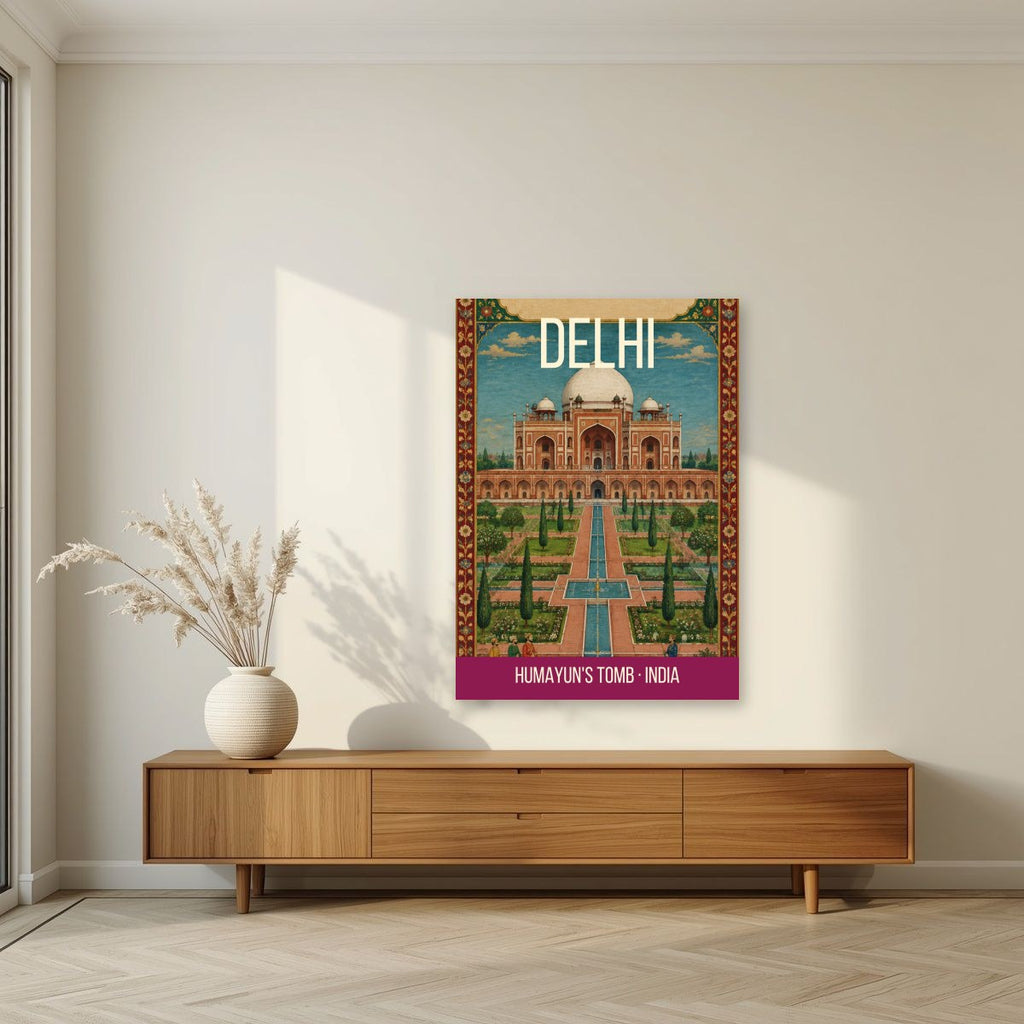 Humayun's Tomb Delhi art print unframed on a living room wall