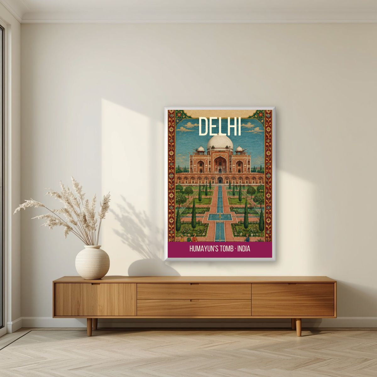 Humayun's Tomb Delhi art print in a white frame on a living room wall