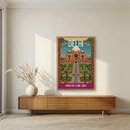 Humayun's Tomb Delhi art print in an oak frame on a living room wall