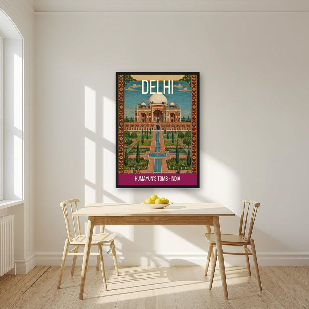 Humayun's Tomb Delhi art print in a black frame on a kitchen wall