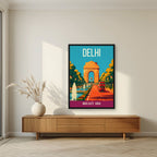 India Gate Delhi art print in a black frame above a living room sideboard