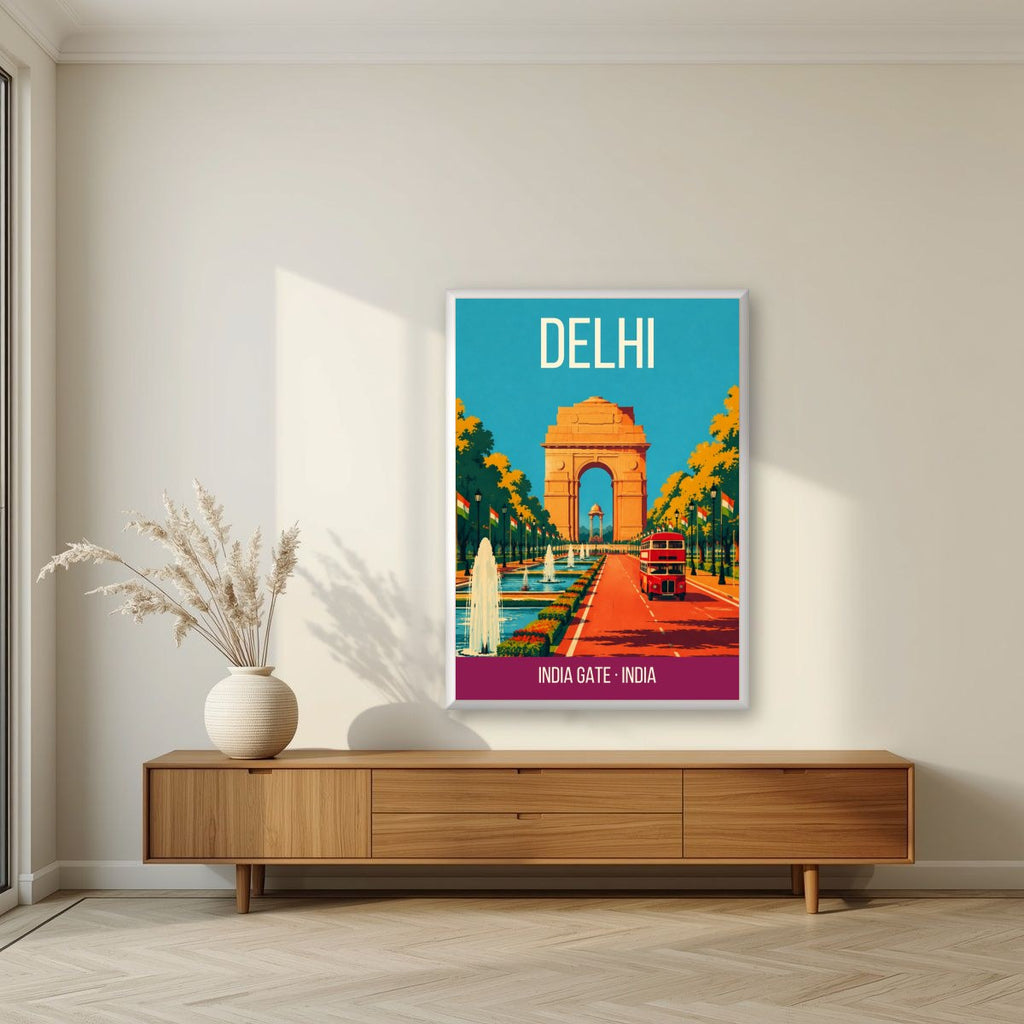 India Gate Delhi art print in a white frame on a living room wall