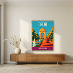 India Gate Delhi art print in an oak frame on a living room wall