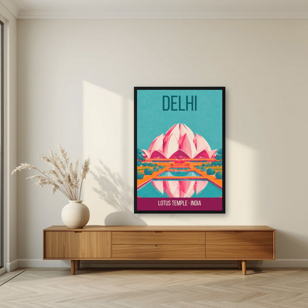 Lotus Temple Delhi art print in a black frame above a living room sideboard