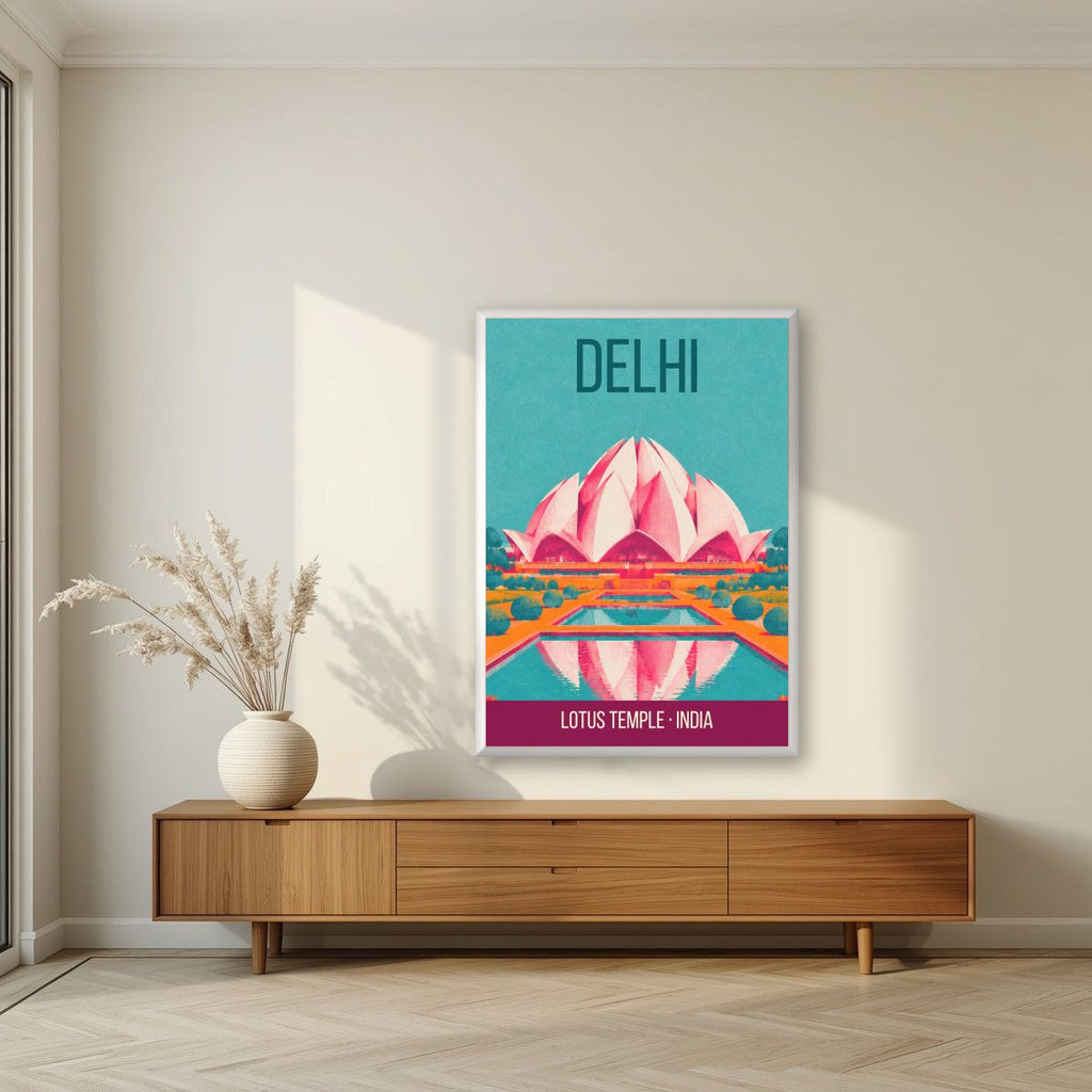 Lotus Temple Delhi art print in a white frame on a living room wall