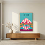 Lotus Temple Delhi art print in an oak frame on a living room wall