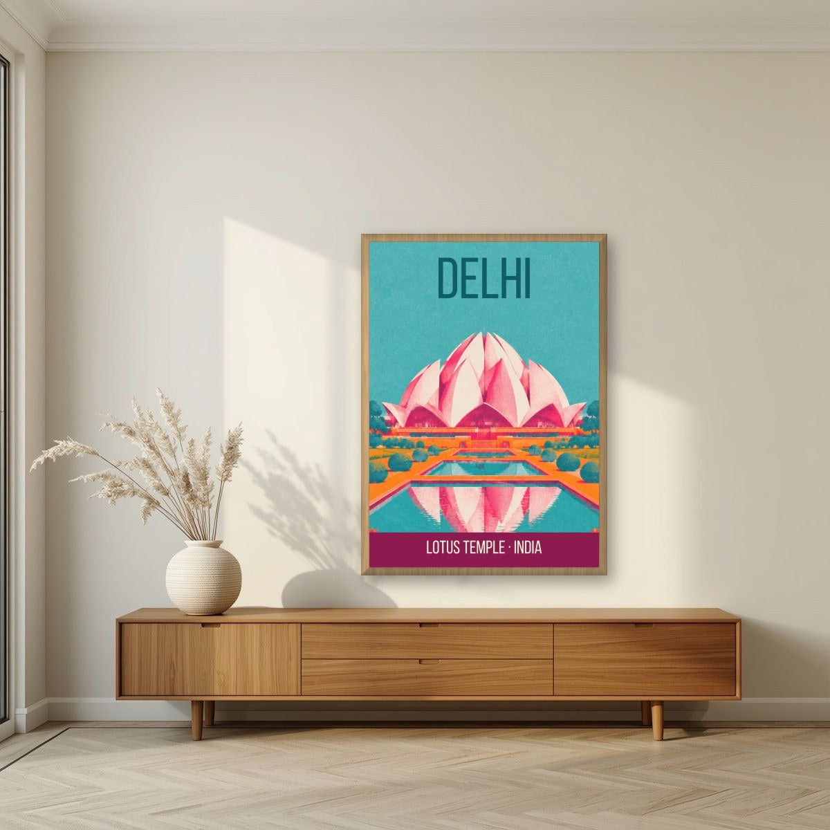 Lotus Temple Delhi art print in an oak frame on a living room wall