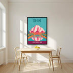 Lotus Temple Delhi art print in a black frame on a kitchen wall