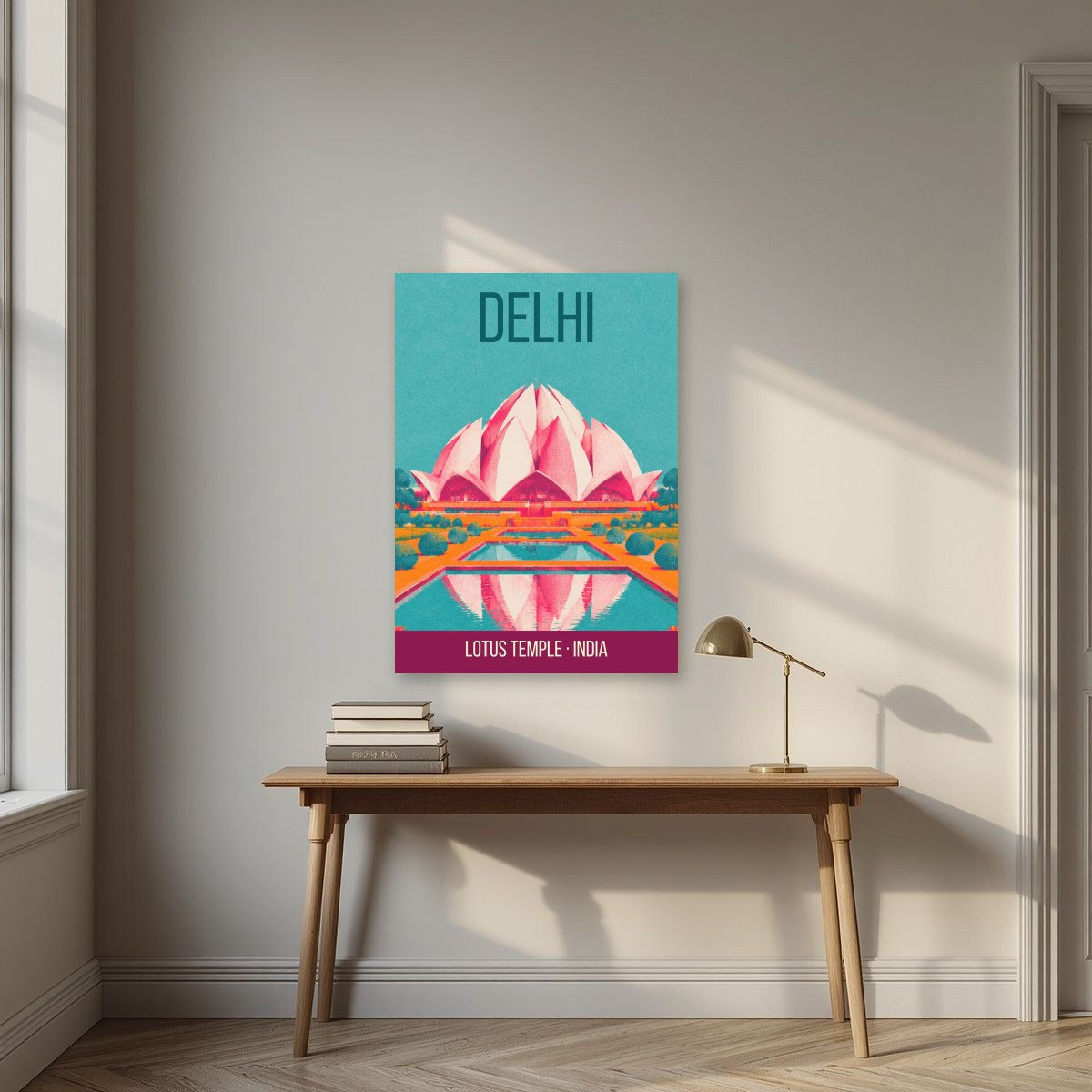 Lotus Temple Delhi art print above a desk