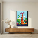 Qutub Minar Delhi art print in a black frame above a living room sideboard