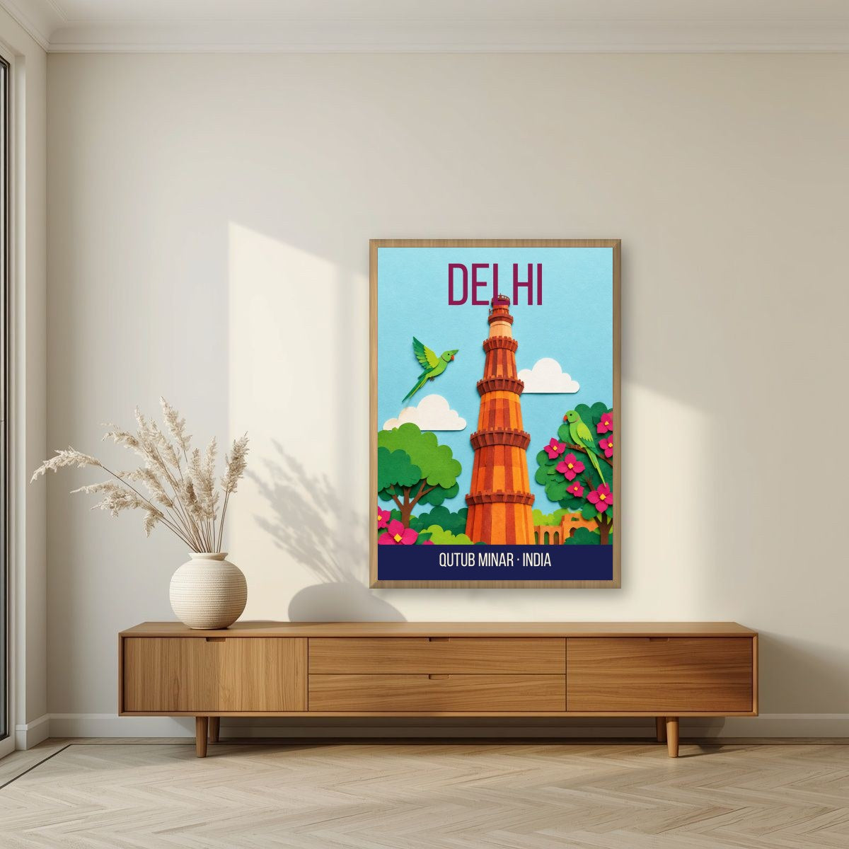 Qutub Minar Delhi art print in an oak frame on a living room wall