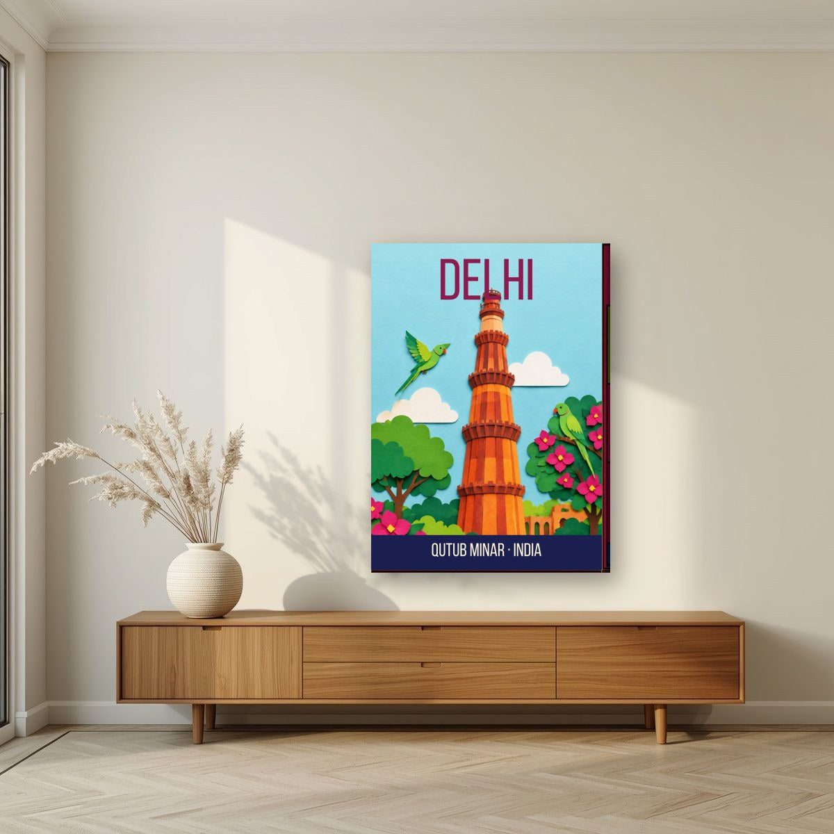 Qutub Minar Delhi art print on slim canvas in a living room