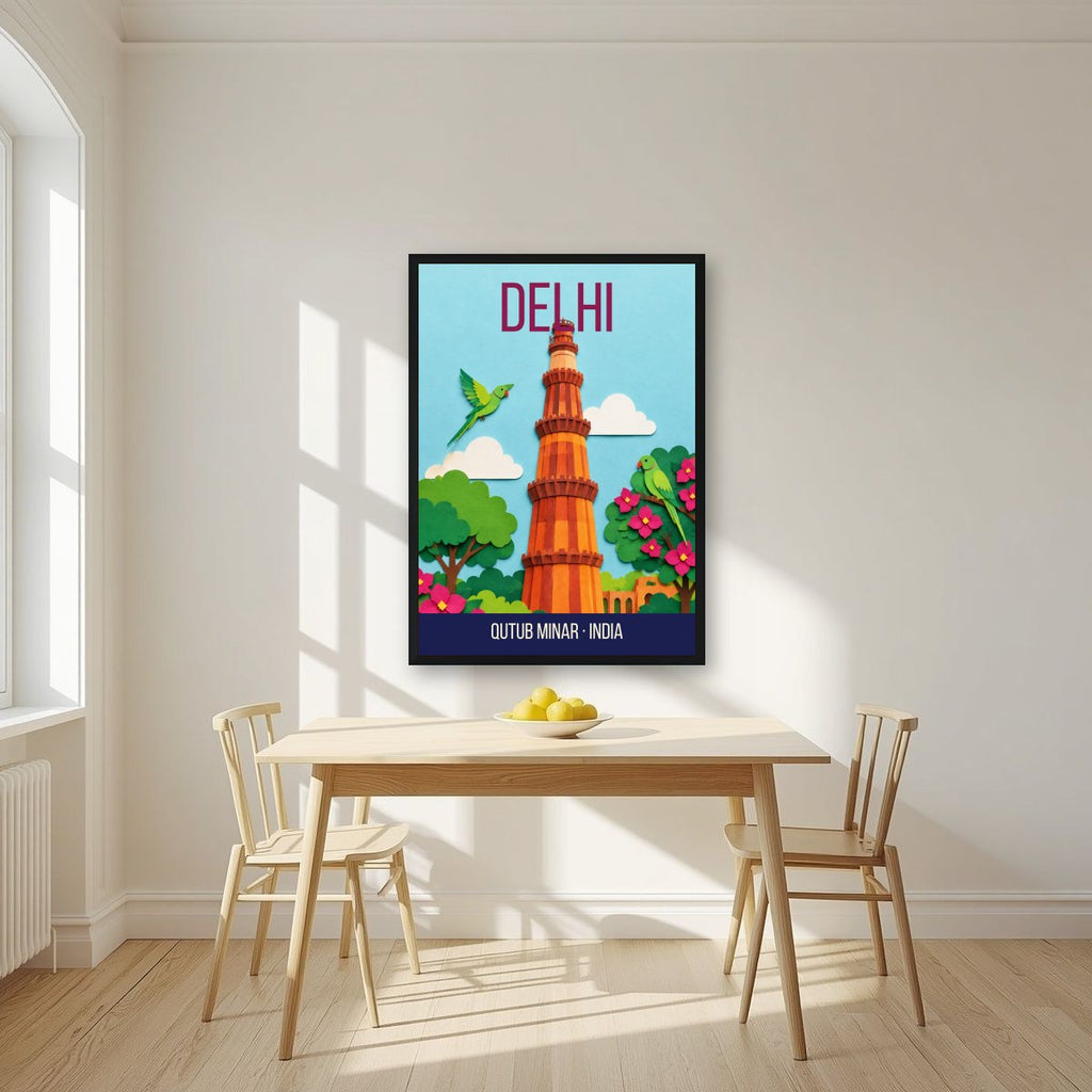 Qutub Minar Delhi art print in a black frame on a kitchen wall