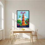 Qutub Minar Delhi art print in a black frame on a kitchen wall