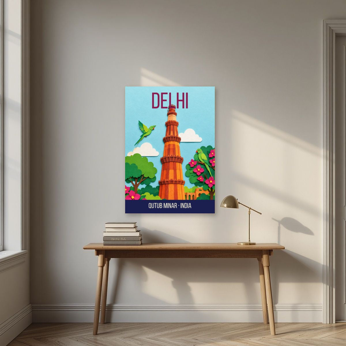 Qutub Minar Delhi art print above a desk