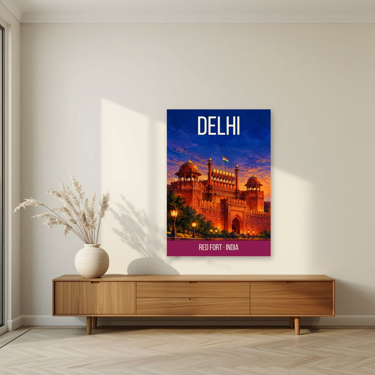 Red Fort Delhi art print unframed on a living room wall