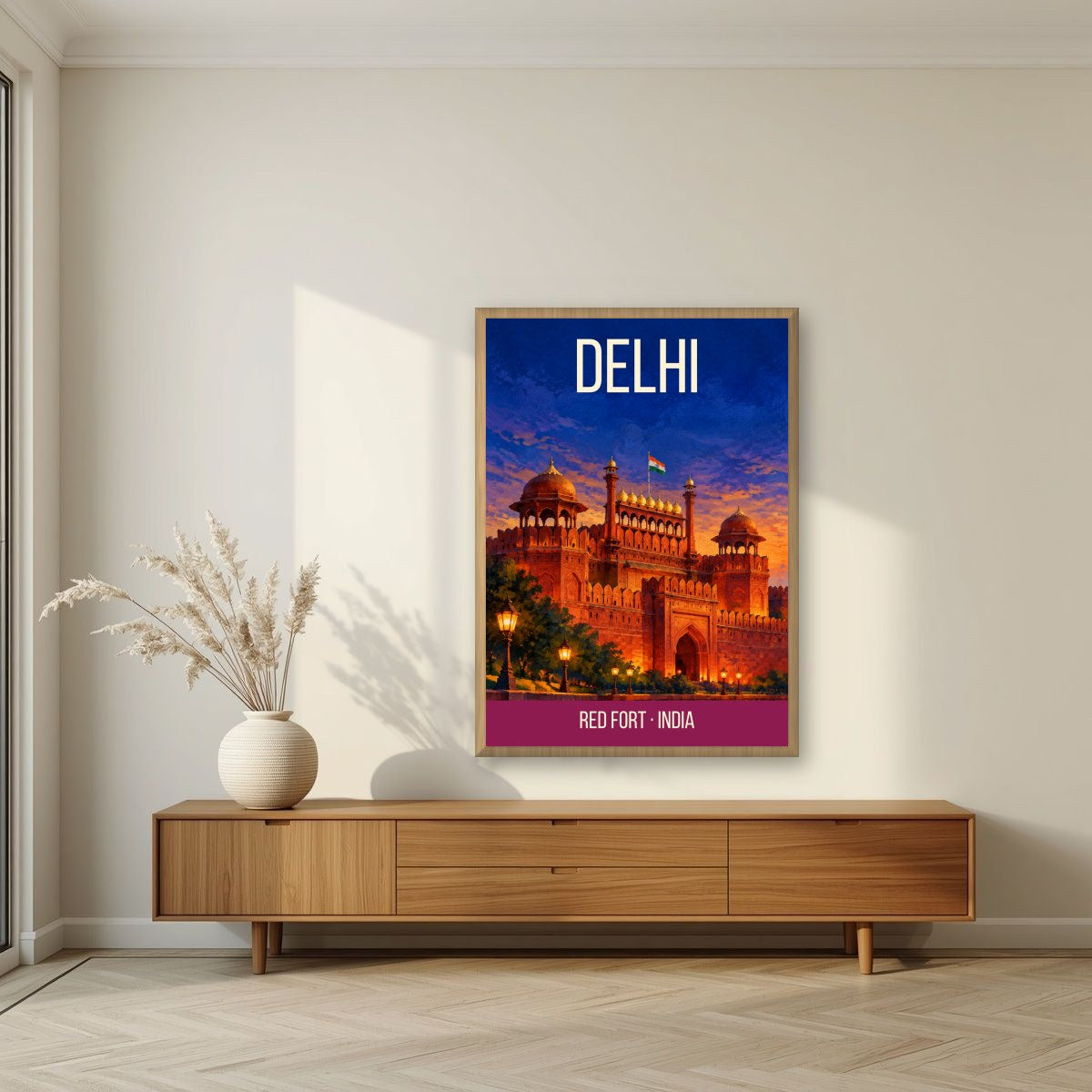 Red Fort Delhi art print in an oak frame on a living room wall