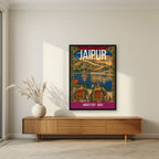 Amber Fort Jaipur art print in a black frame above a living room sideboard
