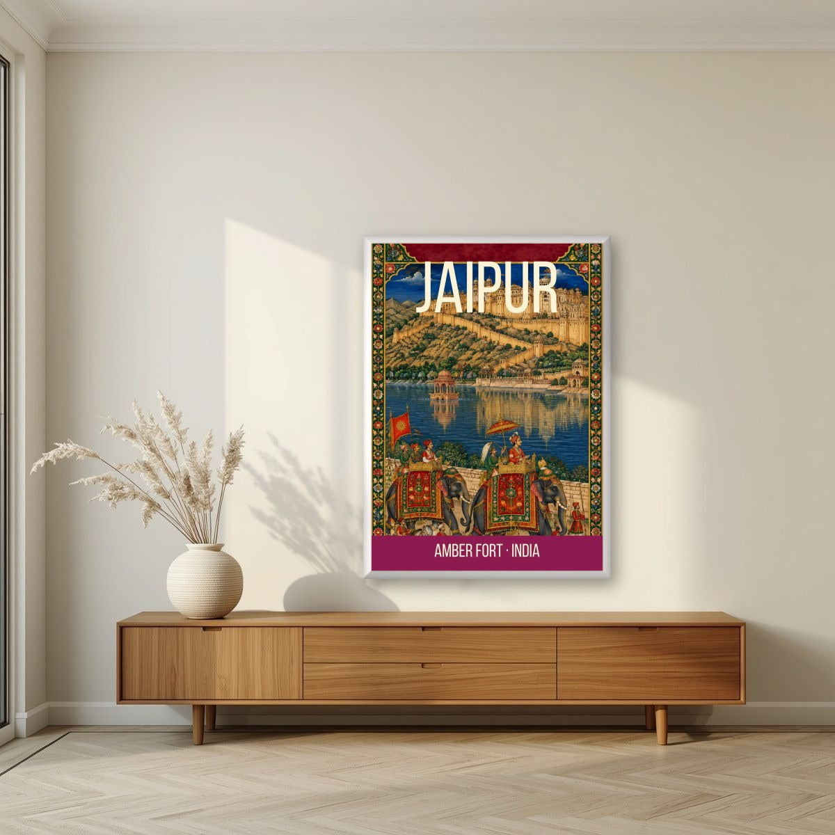 Amber Fort Jaipur art print in a white frame on a living room wall
