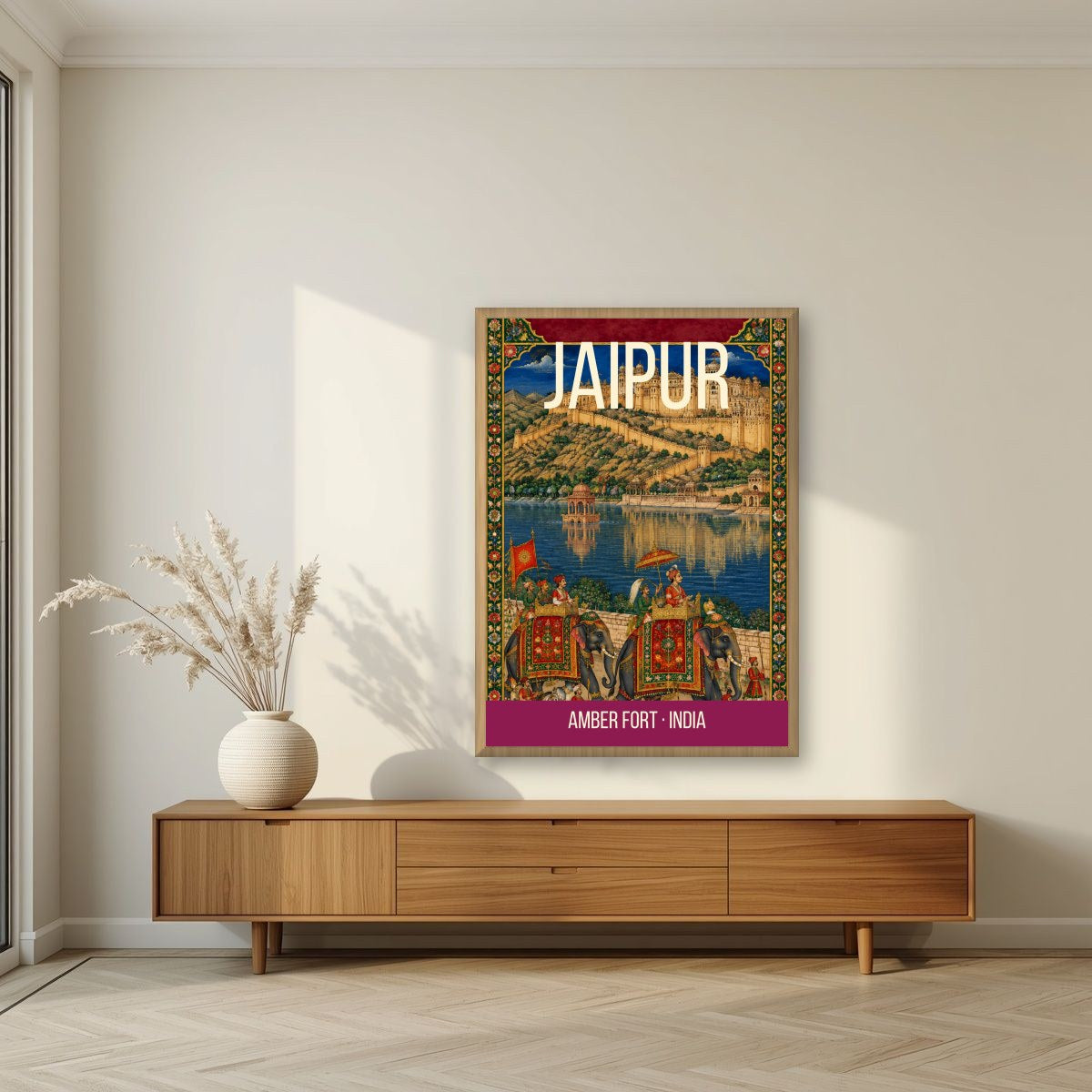Amber Fort Jaipur art print in an oak frame on a living room wall