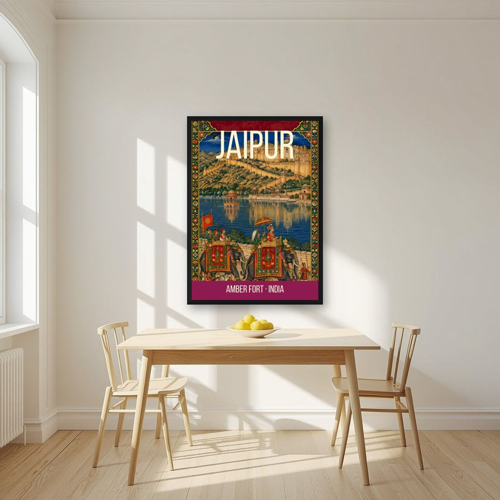 Amber Fort Jaipur art print in a black frame on a kitchen wall