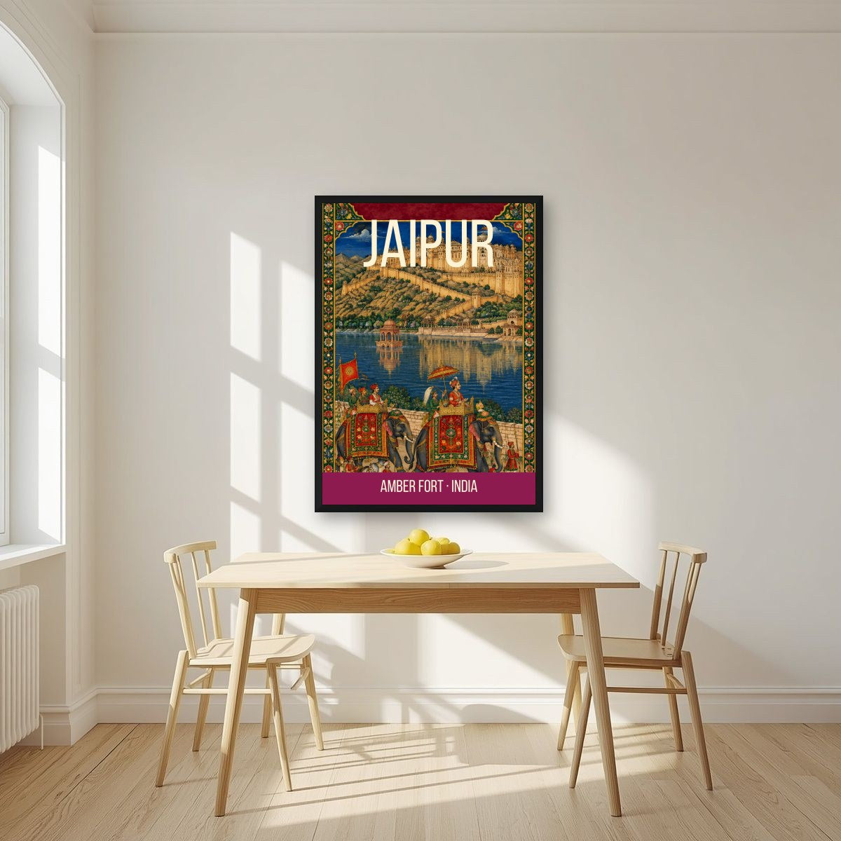 Amber Fort Jaipur art print in a black frame on a kitchen wall