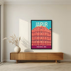 Hawa Mahal Jaipur art print in a black frame above a living room sideboard