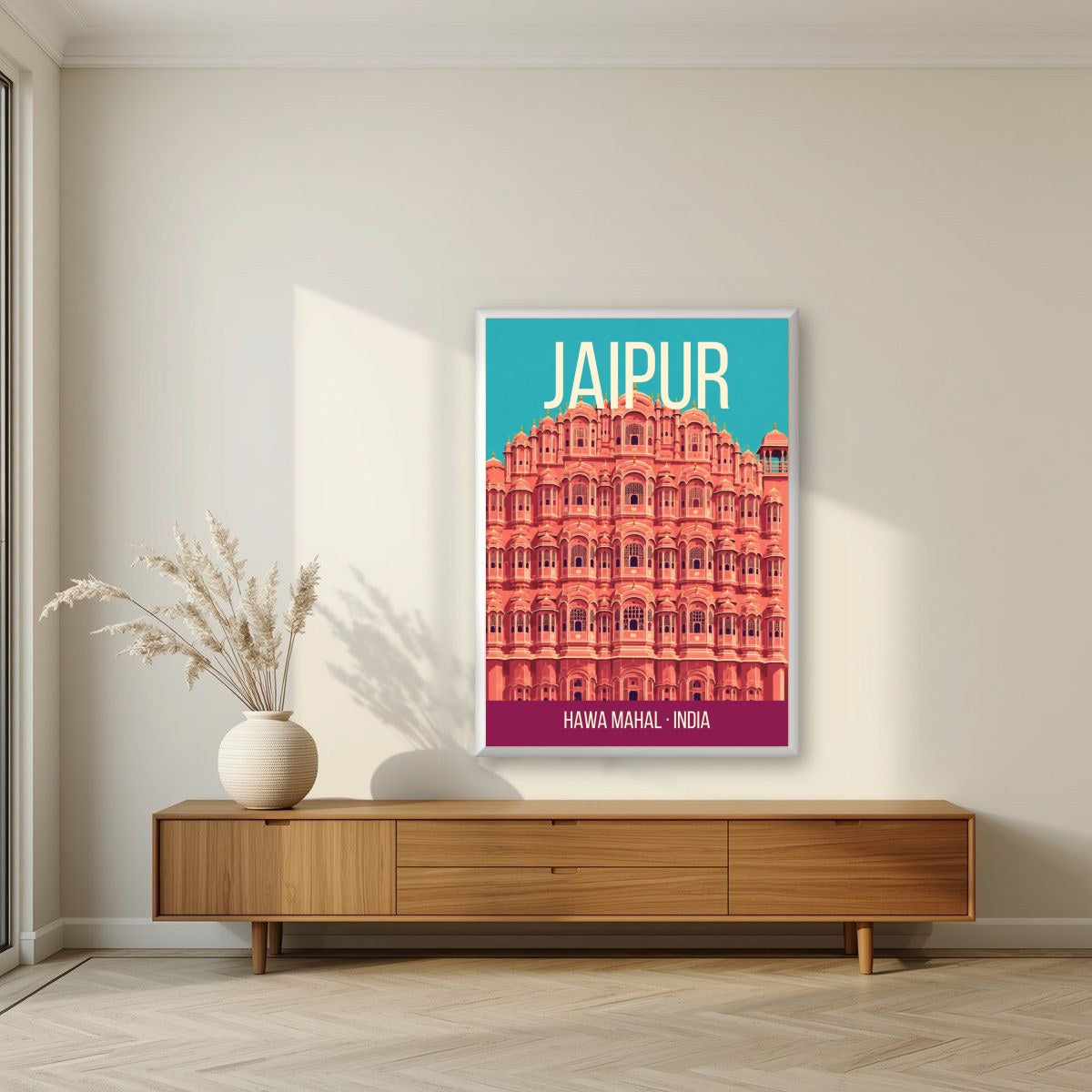 Hawa Mahal Jaipur art print in a white frame on a living room wall