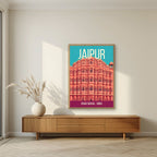 Hawa Mahal Jaipur art print in an oak frame on a living room wall