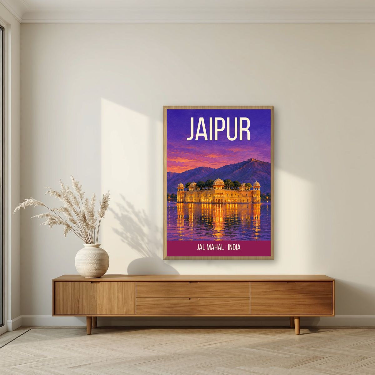 Jal Mahal Jaipur art print in an oak frame on a living room wall