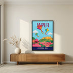 Kite Festival Jaipur art print in a black frame above a living room sideboard