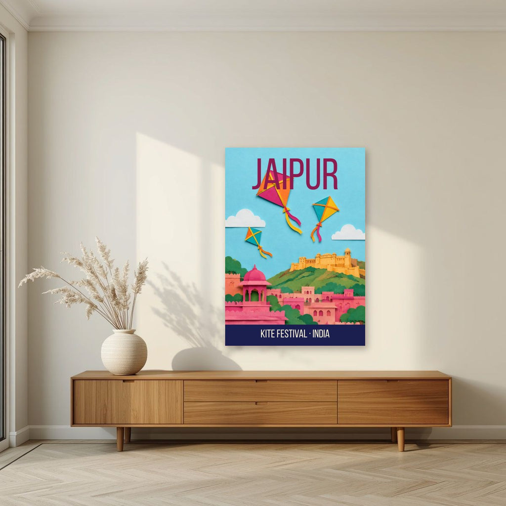 Kite Festival Jaipur art print unframed on a living room wall