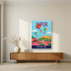 Kite Festival Jaipur art print in a white frame on a living room wall