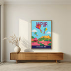Kite Festival Jaipur art print in an oak frame on a living room wall