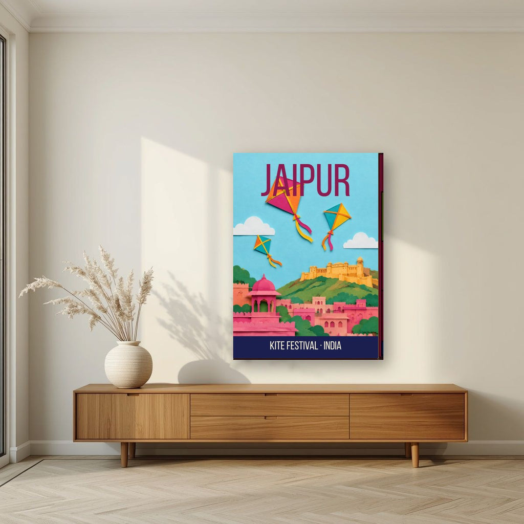 Kite Festival Jaipur art print on slim canvas in a living room