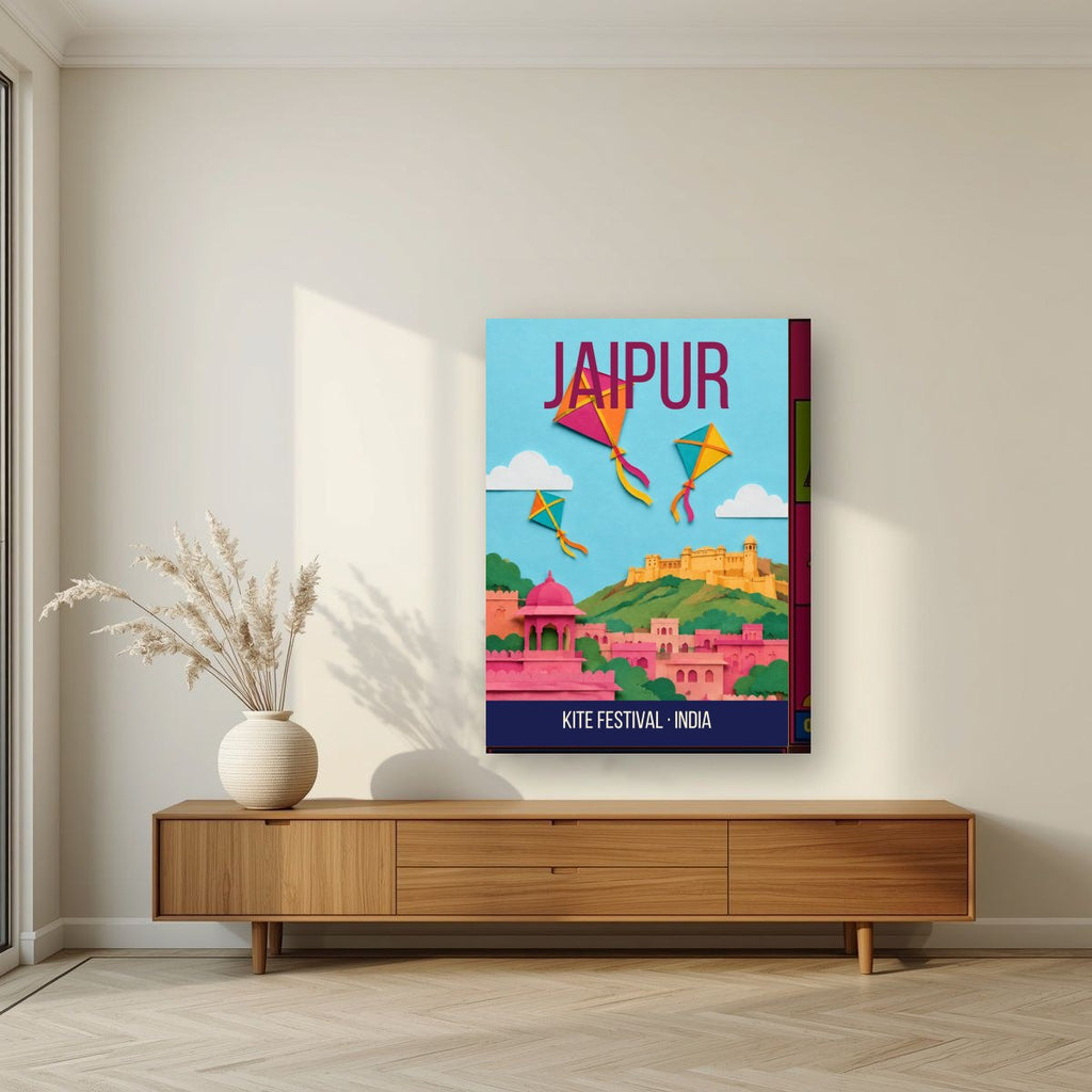 Kite Festival Jaipur art print on thick canvas in a living room