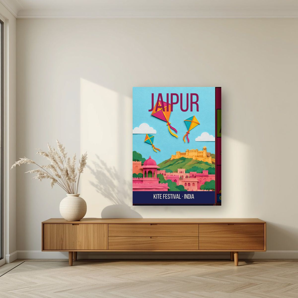 Kite Festival Jaipur art print on thick canvas in a living room