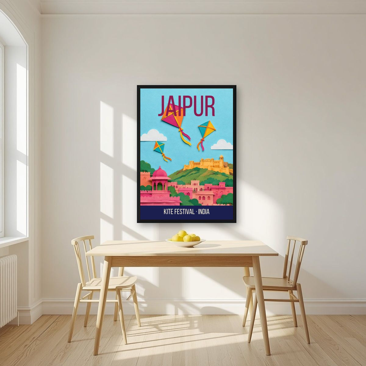 Kite Festival Jaipur art print in a black frame on a kitchen wall