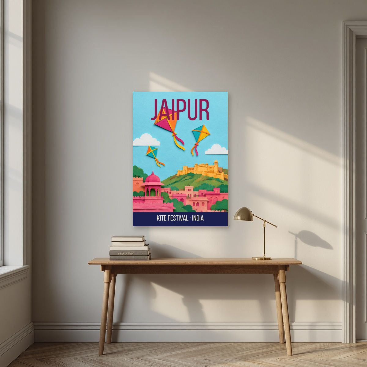 Kite Festival Jaipur art print above a desk