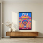 Patrika Gate Jaipur art print in a black frame above a living room sideboard
