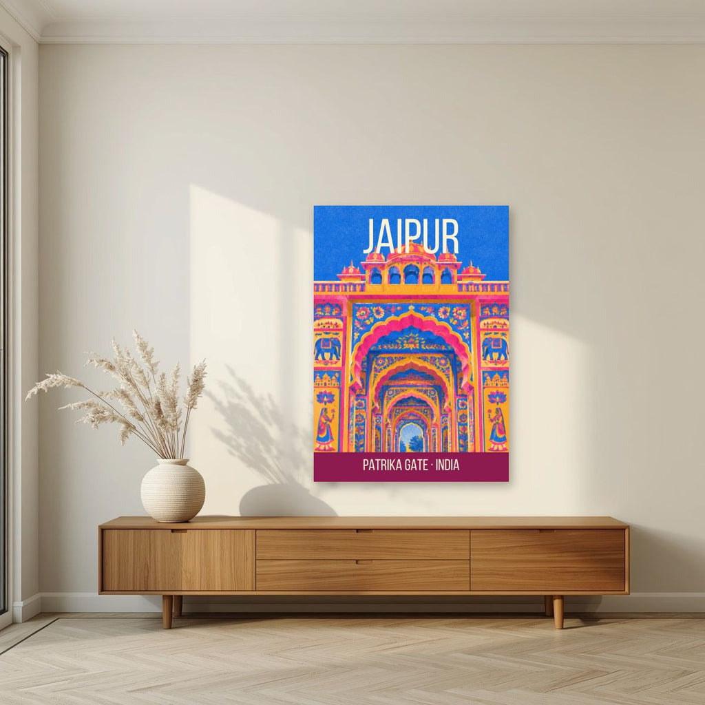 Patrika Gate Jaipur art print unframed on a living room wall