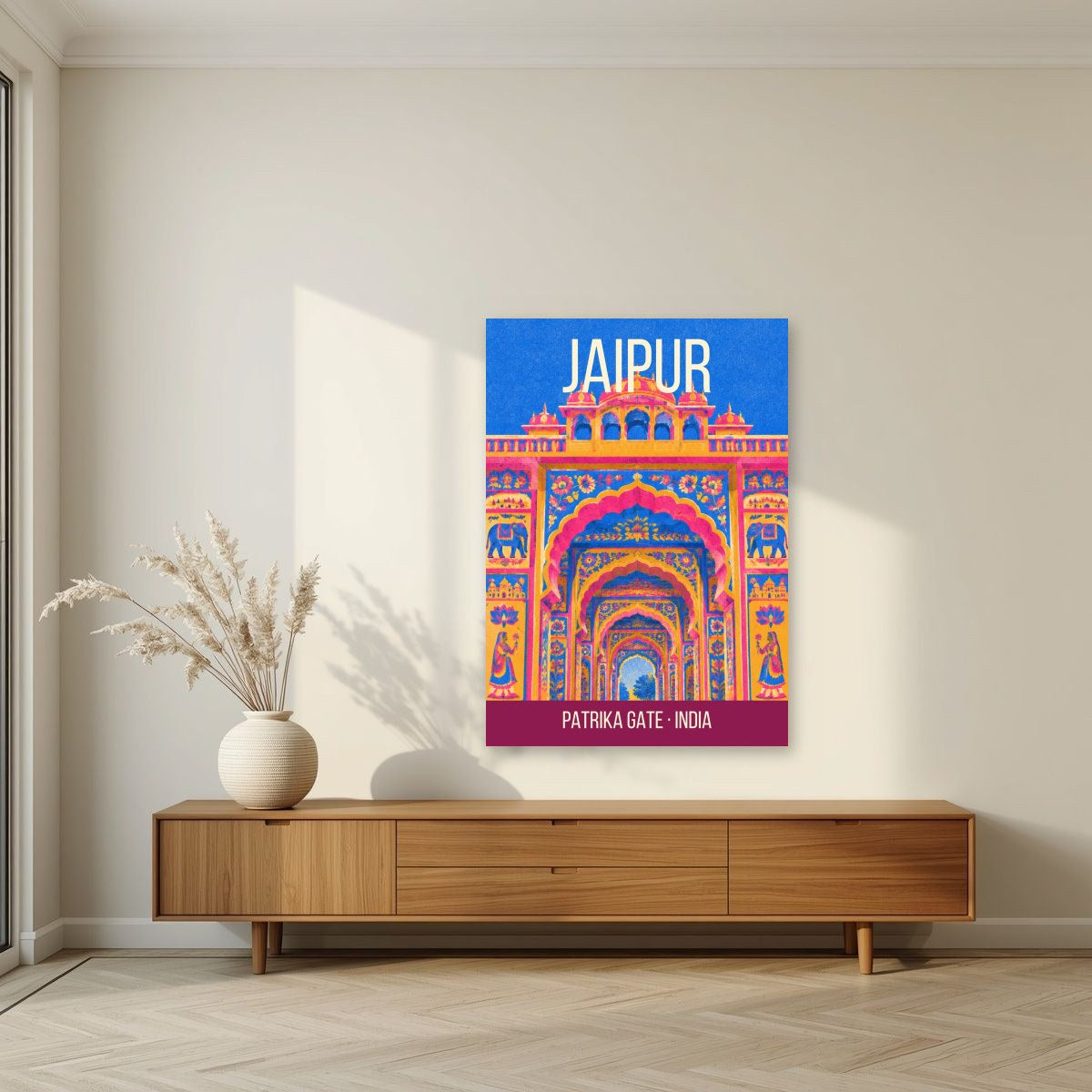 Patrika Gate Jaipur art print unframed on a living room wall