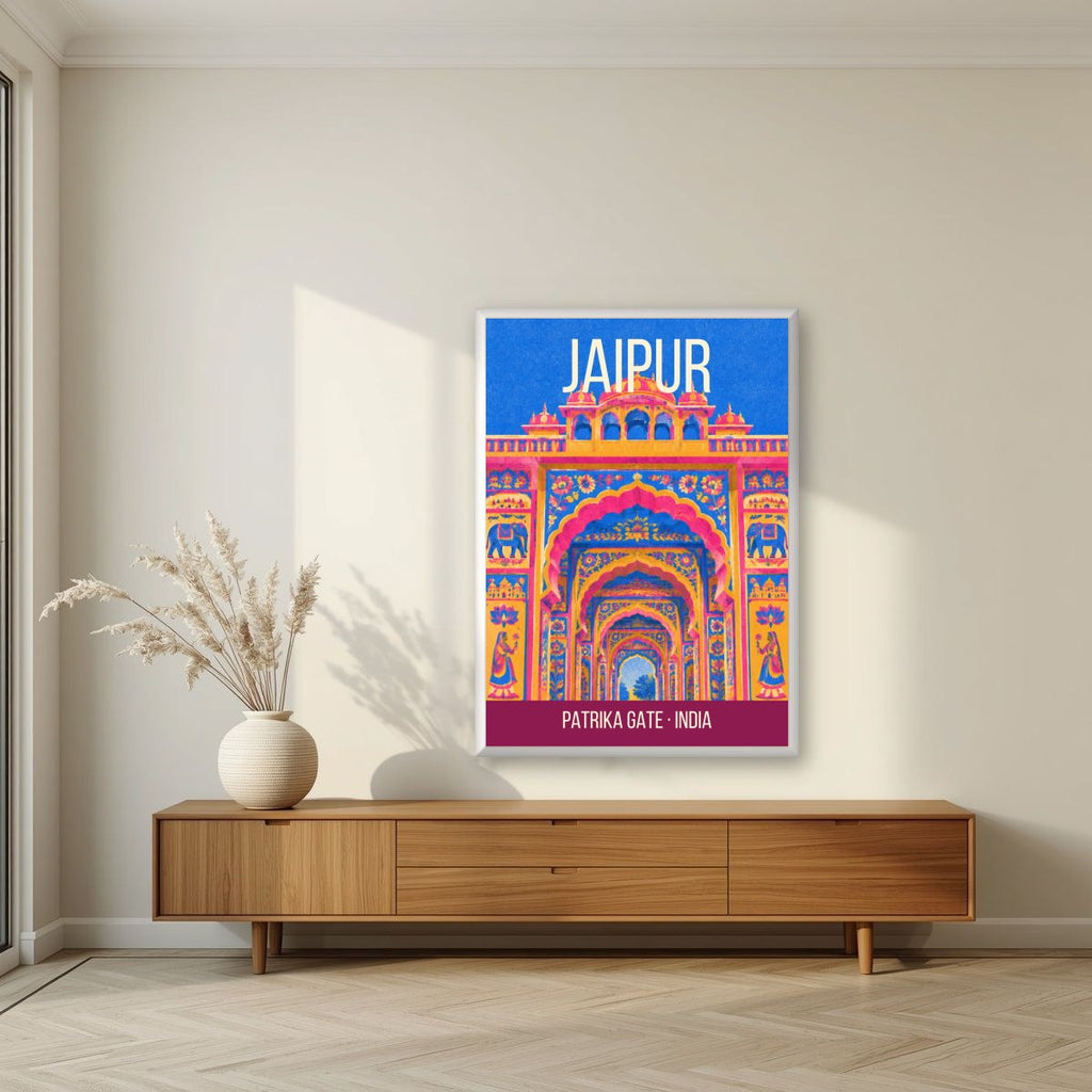 Patrika Gate Jaipur art print in a white frame on a living room wall