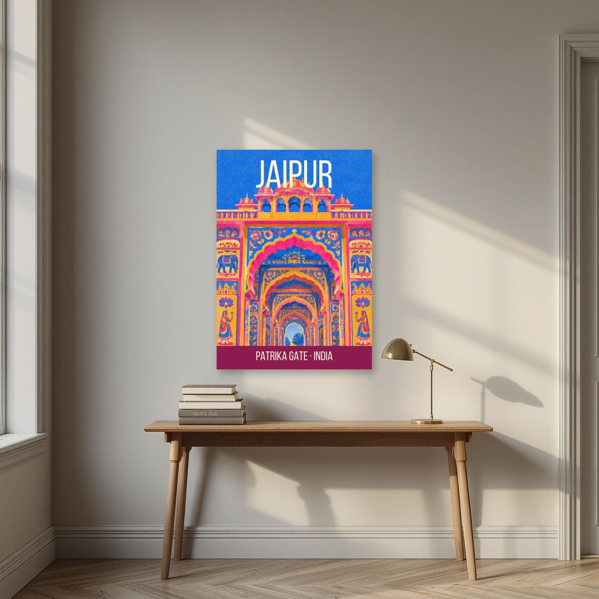 Patrika Gate Jaipur art print above a desk