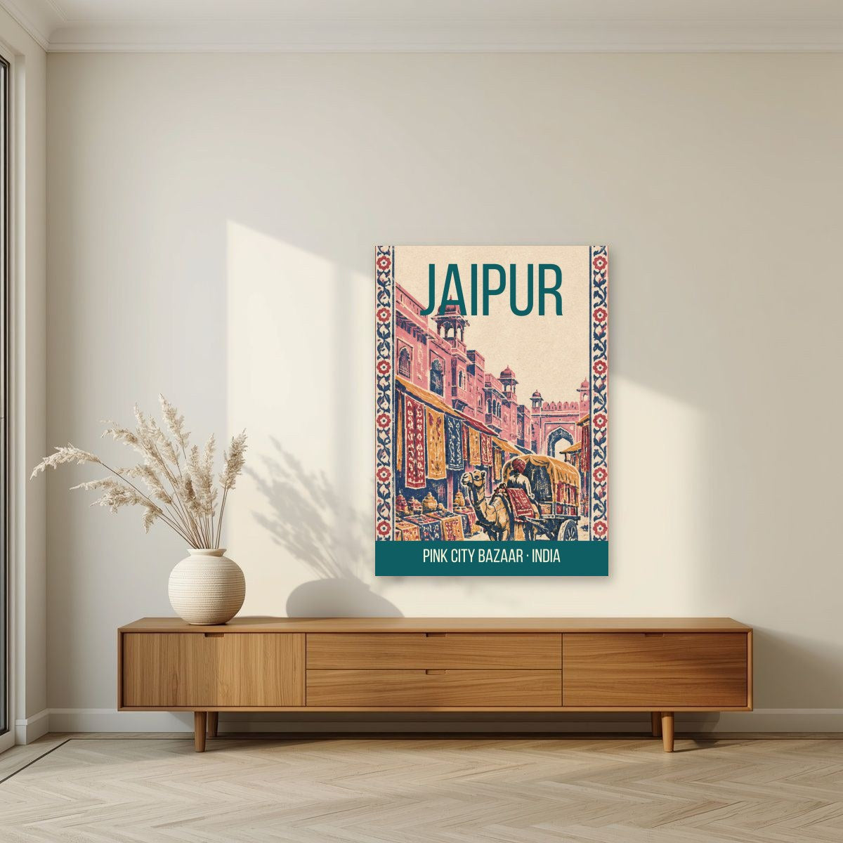Pink City Bazaar Jaipur art print unframed on a living room wall