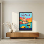 Dakshineswar Kolkata art print in a black frame above a living room sideboard