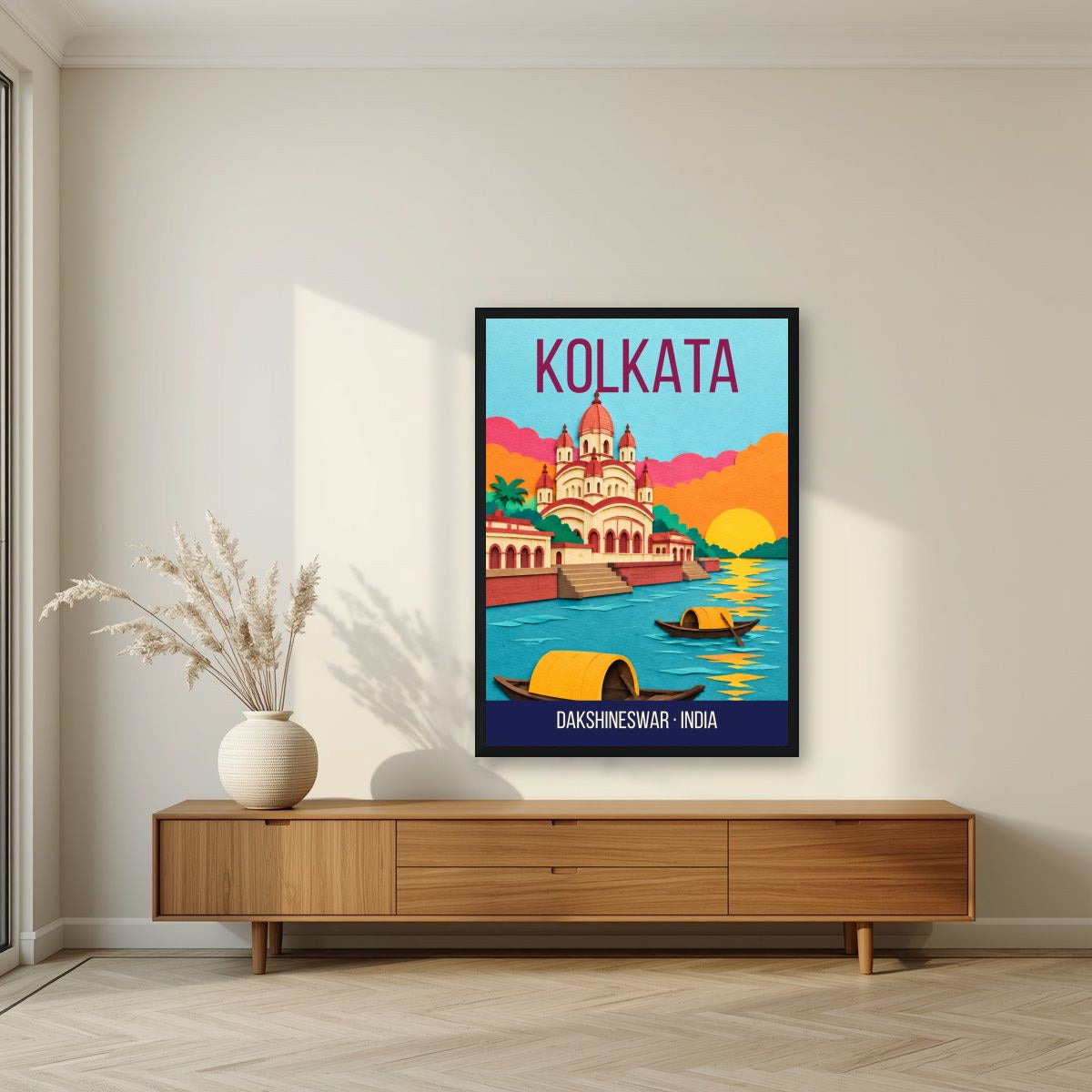 Dakshineswar Kolkata art print in a black frame above a living room sideboard