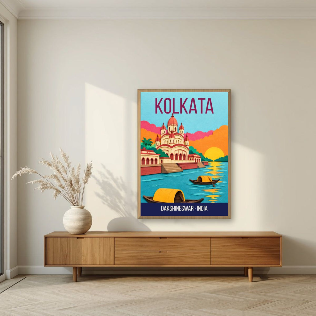 Dakshineswar Kolkata art print in an oak frame on a living room wall
